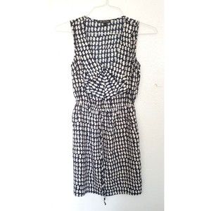 Women's White & Navy Geometric Midi V-Neck Dress with Pockets Size S BeBop